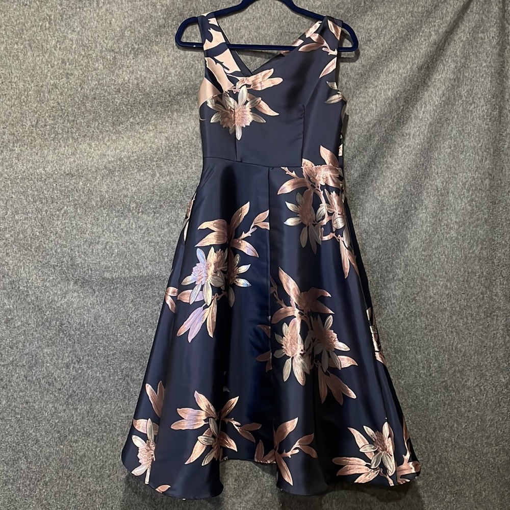 Navy & pink asymmetrical floral high low gown, women 4 - Picture 2 of 10
